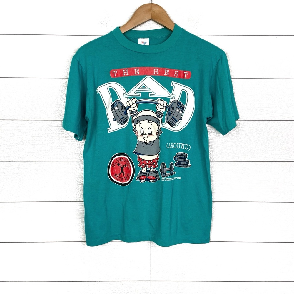 VINTAGE 1992 Looney Tunes The Best Dad Around Weightlifting Teal Small